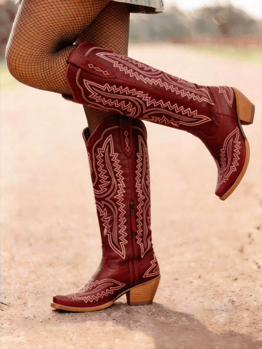 New Fall Fashion For Women Point Toe Block Heel Embroidery Pattern Outdoor Comfortable Western Style Music Festival Halloween Christmas Winter Boots