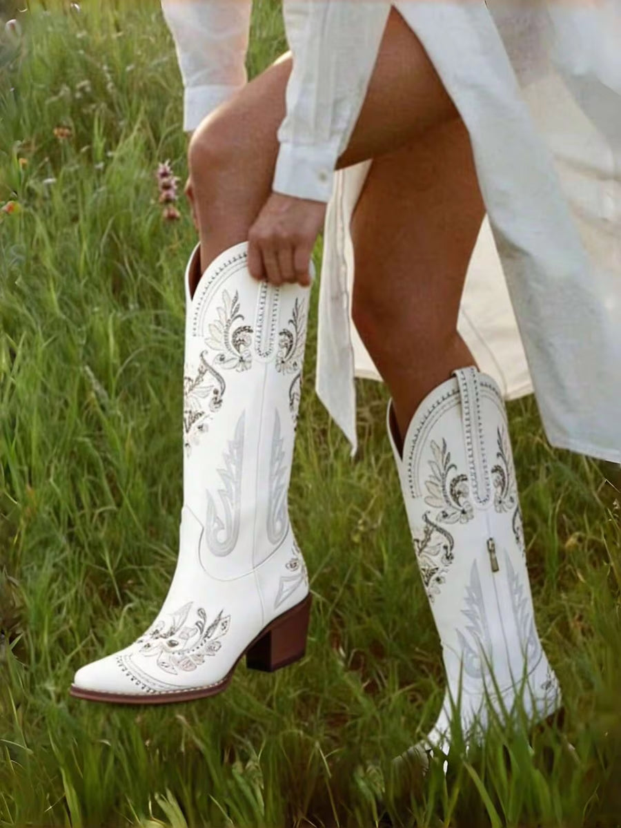 Embroidered Western Boots Chunky Heel Pointed Toe Glitter Shiny Country Style Slip-On Knee-High Boots Cowbgirl Boots For Women